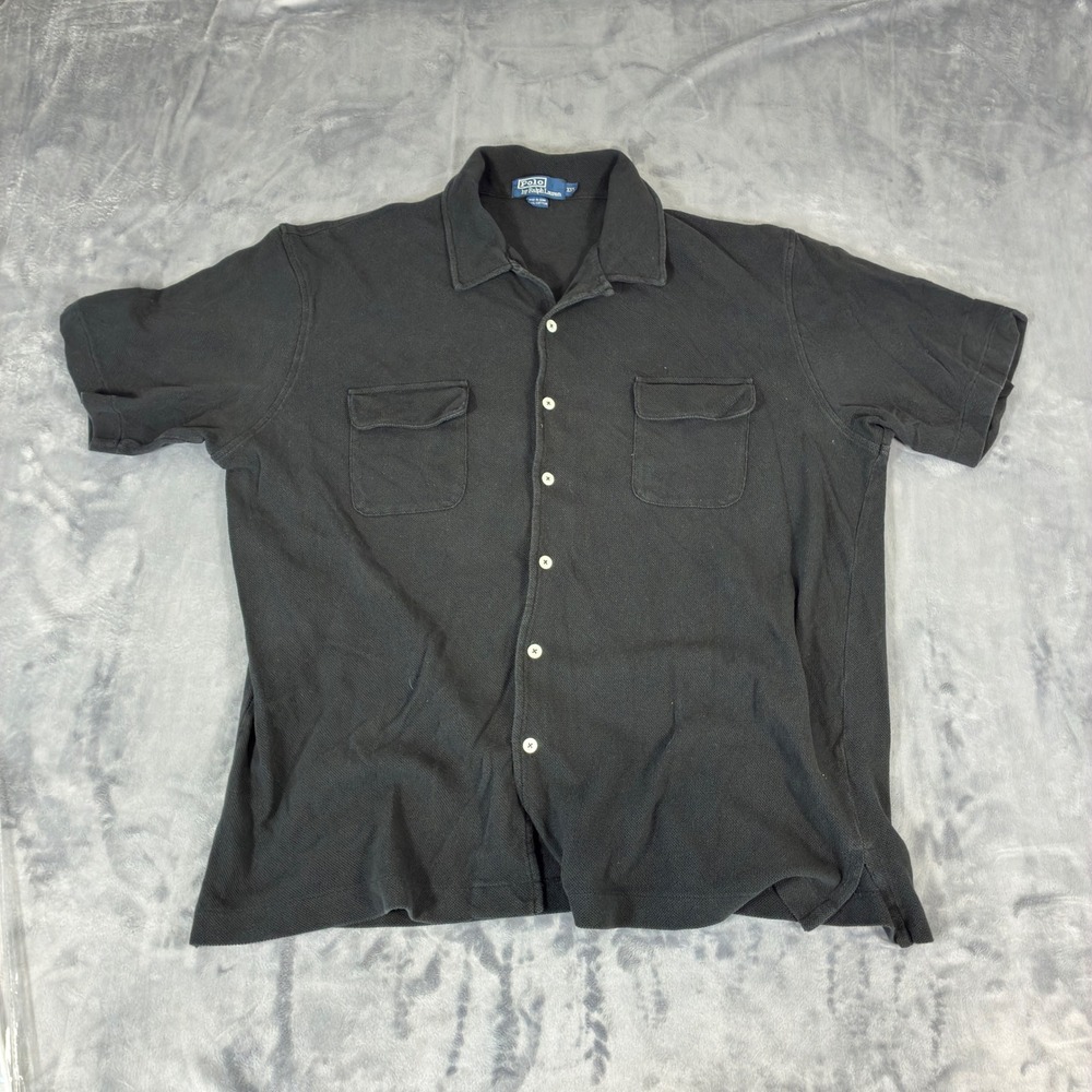 Polo Ralph Lauren Button Down Shirt Mens XXL Black Pique Knit Camp Collar